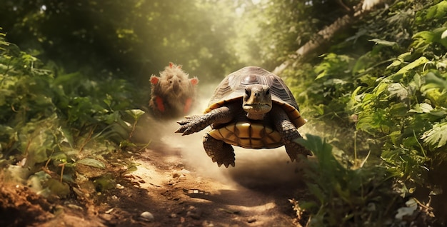 un coniglio e una tartaruga che corrono in uno sfondo HD da corsa