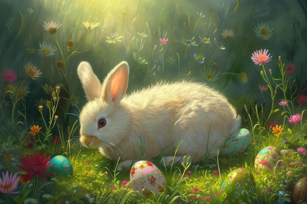 Un coniglio felice è circondato da uova di Pasqua nel paesaggio naturale erboso