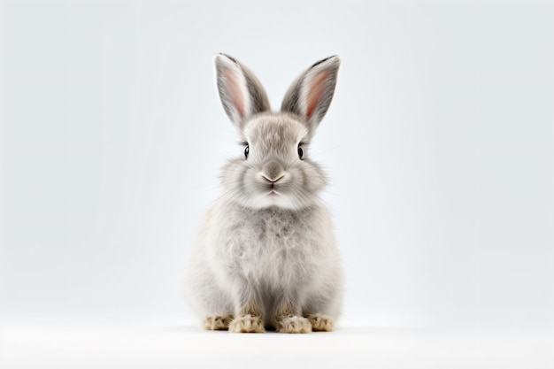Un coniglio grigio con uno sfondo bianco
