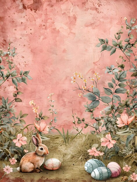 Un coniglio in mezzo all'erba uova di Pasqua e fiori in un paesaggio naturale