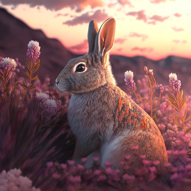 Un coniglio in un campo di fiori rosa