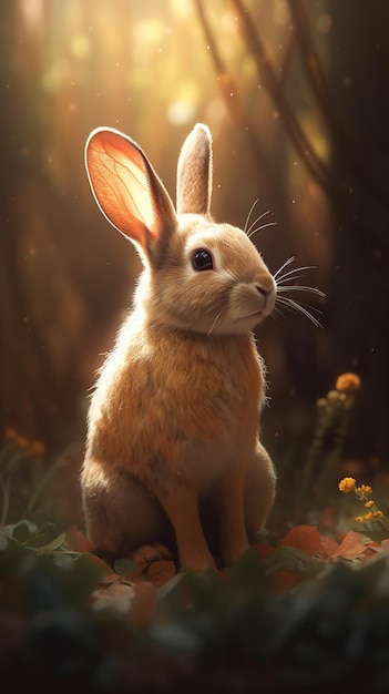 Un coniglio in un campo di fiori