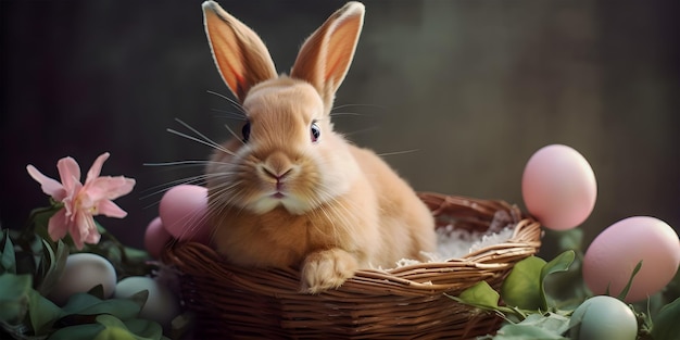 Un coniglio in un cesto con un cesto di uova di Pasqua