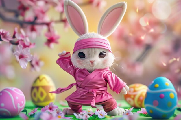 Un coniglio indossa un abito ninja rosa tema dell'uovo di Pasqua