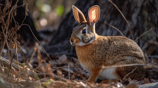 Un coniglio nel bosco con la scritta coniglio sul davanti