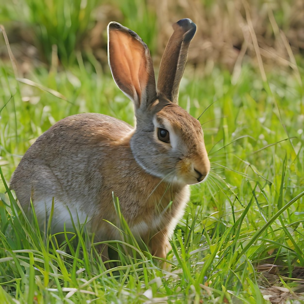 un coniglio nell'erba con le orecchie alzate