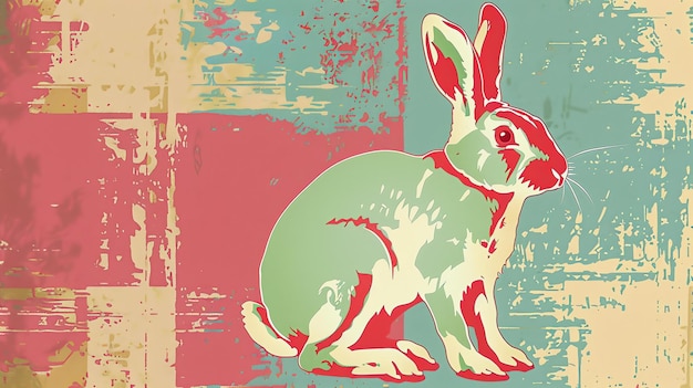 Un coniglio rosso-verde e bianco si siede in un campo di fiori colorati il coniglio sta guardando lo spettatore con i suoi grandi occhi rotondi
