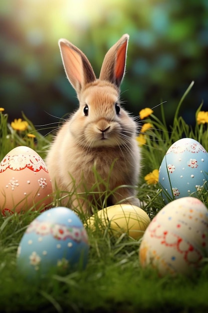 un coniglio seduto nell'erba con le uova di Pasqua
