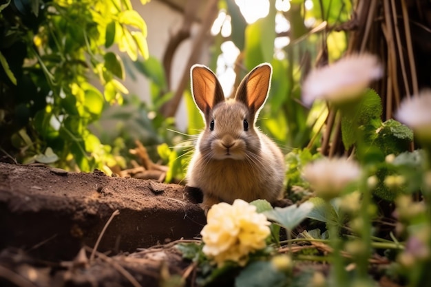 un coniglio seduto sull'erba con fiori