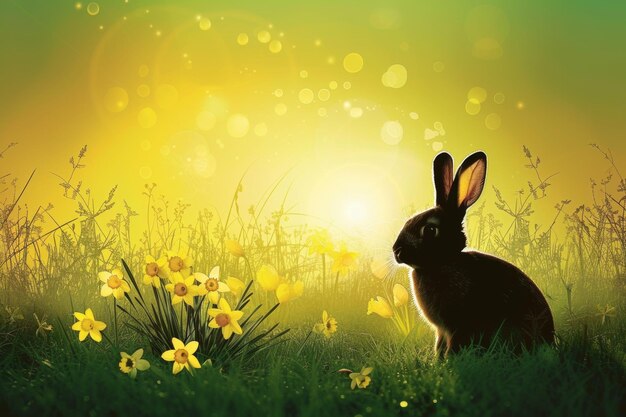 Un coniglio si siede nell'erba vicino a un mucchio di uova Celebrazione di Pasqua Luogo per il testo AI generativa