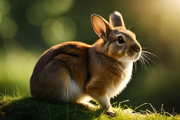 Un coniglio si siede su un albero al sole