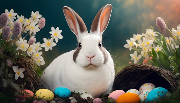 Un coniglio siede in un'aiuola con dentro un cesto di uova.