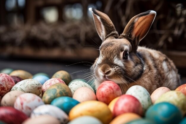 Un coniglio siede in un mucchio di uova di Pasqua