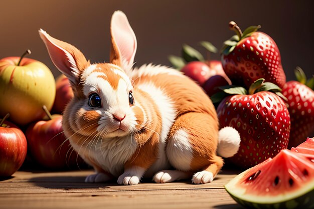 Un coniglio siede tra angurie, mele e fragole e gusta il cibo delizioso