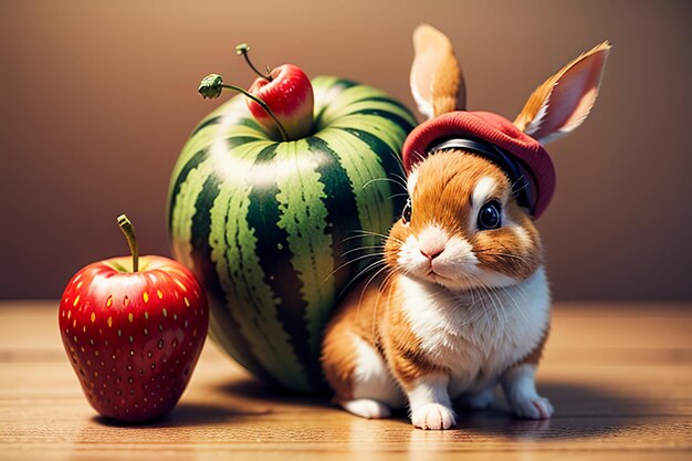 Un coniglio siede tra angurie, mele e fragole e gusta il cibo delizioso