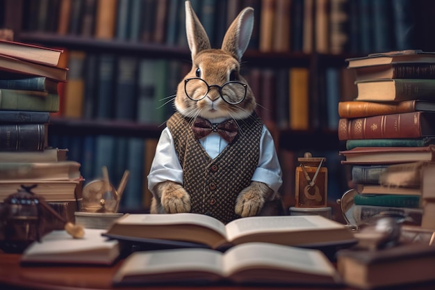 Un coniglio sta leggendo un libro davanti a uno scaffale.
