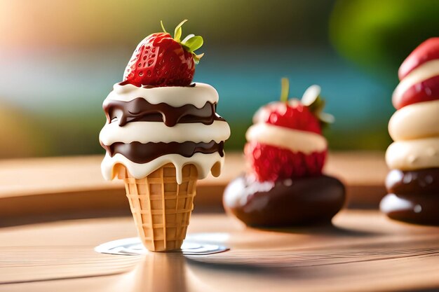 Un cono di cialda con sopra una fragola e sopra una fragola ricoperta di cioccolato.