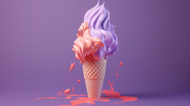 un cono di cialda ripieno di gelato con volute rosa e viola sulla parte superiore