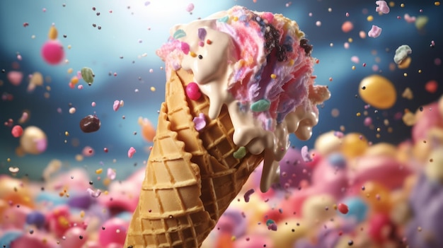 Un cono di gelato colorato con spruzzate e confetti