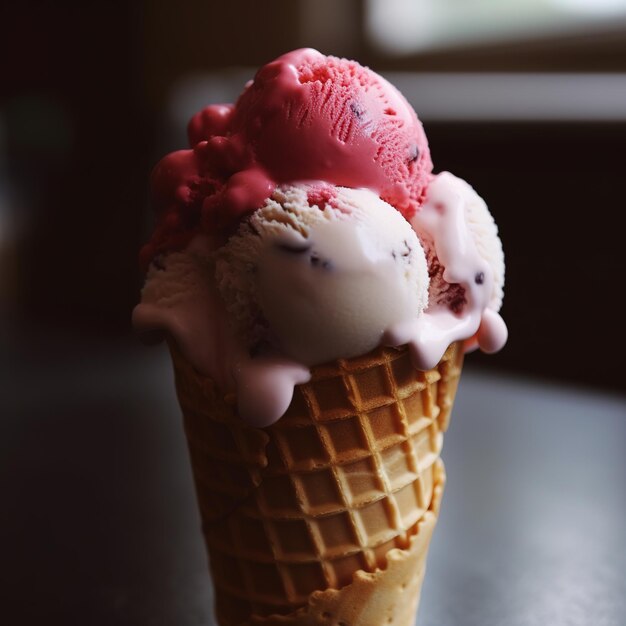 Un cono di gelato con sopra tre palline di gelato.