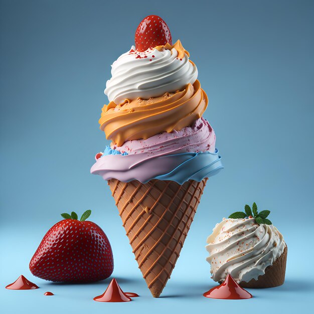 Un cono di gelato con sopra una fragola.