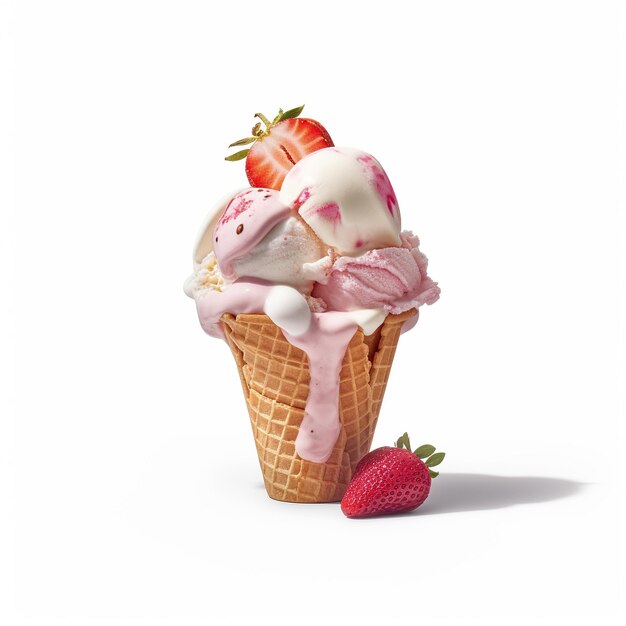 un cono di gelato di fragole con fragole e fragole sullo sfondo.