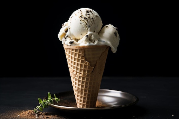 un cono di gelato è su un piatto con una pianta verde sullo sfondo.