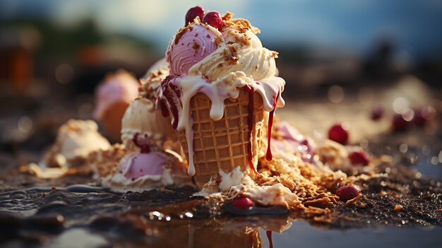 un cono di gelato e una ciliegina rossa sulla strada in estate in città