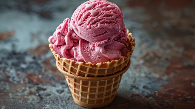 un cono di gelato rosa con un cono di ghiaccio rosa in cima