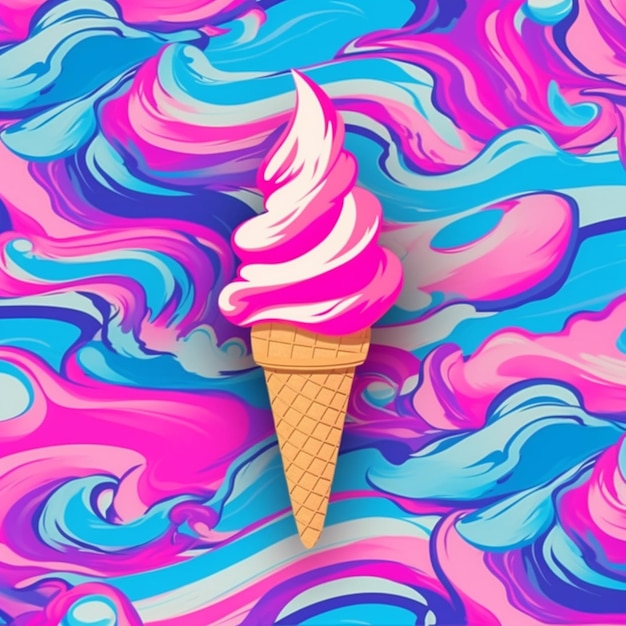 un cono di gelato rosa con uno swirly background generativo ai