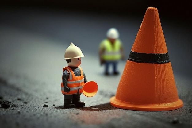 Un cono di traffico con l'illustrazione di arte digitale del lavoratore in miniatura