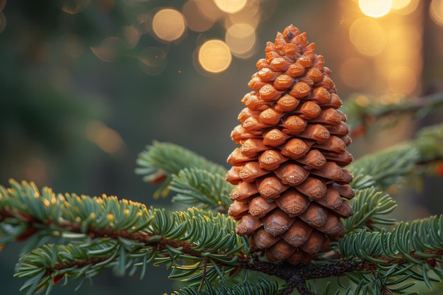 un cono è appeso a un ramo di un pino nella foresta Cedar Cone