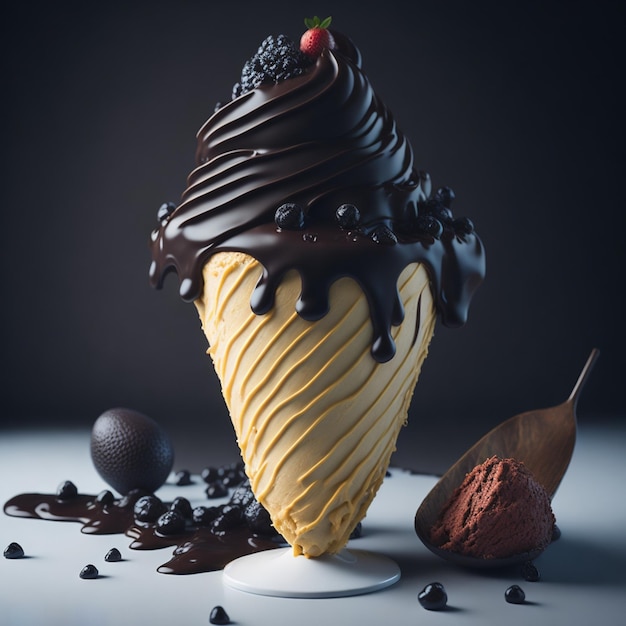 Un cono gelato al cioccolato con sopra una fragola.