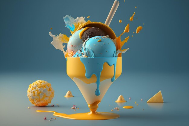 Un cono gelato blu e giallo viene versato in una ciotola.