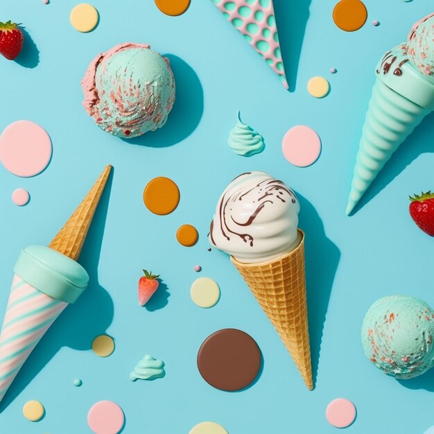 Un cono gelato blu e rosa con sopra una fragola.