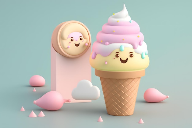 Un cono gelato cartone animato con faccine sorridenti è accanto a un cono gelato rosa.