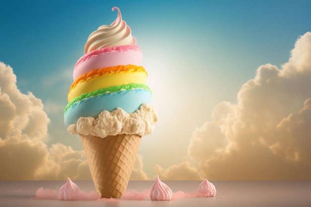 Un cono gelato colorato con i colori dell'arcobaleno su di esso