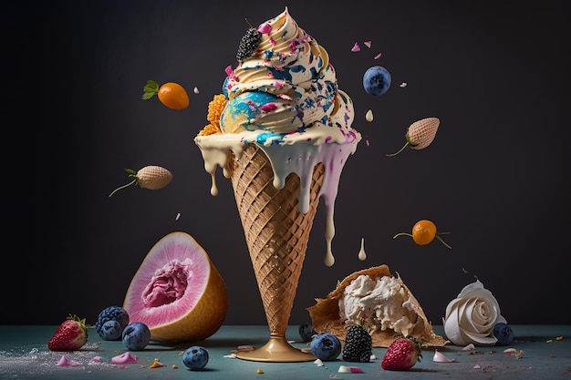 Un cono gelato colorato con un vortice blu e bianco in alto e alcuni frutti in basso.