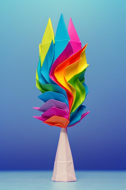 Un cono gelato colorato con uno sfondo arcobaleno.