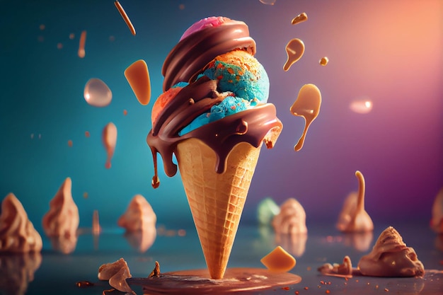 Un cono gelato con cioccolato e spruzza ai generativo