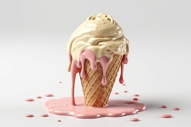 Un cono gelato con del liquido rosa sopra