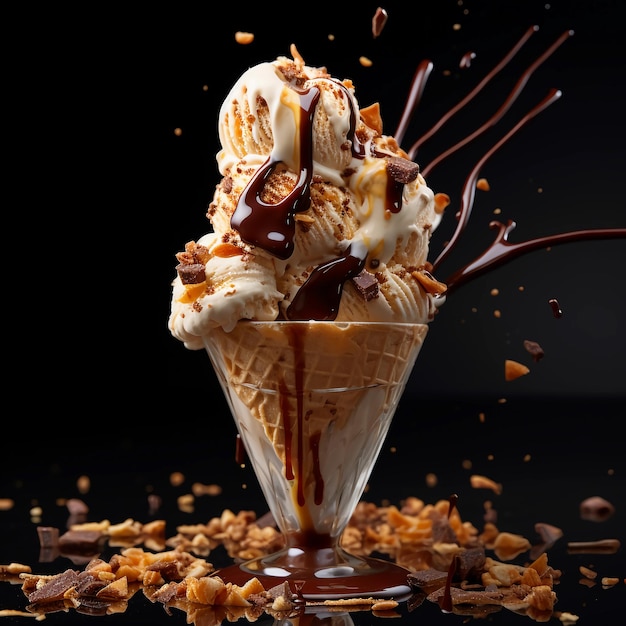 Un cono gelato con gocce di cioccolato e gocce di cioccolato