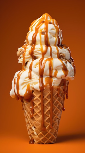 un cono gelato con salsa al caramello