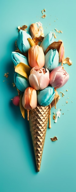 Un cono gelato con tulipani e pietre blu