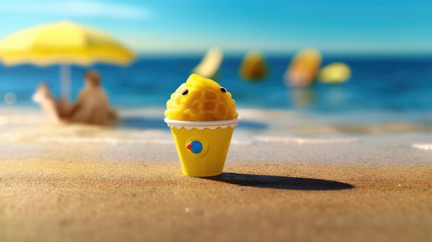 Un cono gelato giallo su una spiaggia con un cielo blu sullo sfondo.