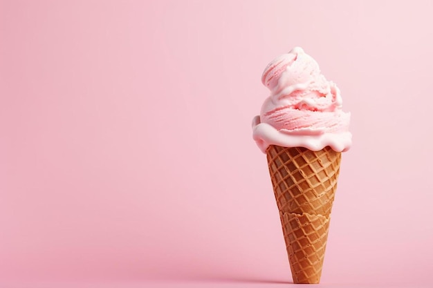 Un cono gelato rosa con glassa rosa su sfondo rosa.