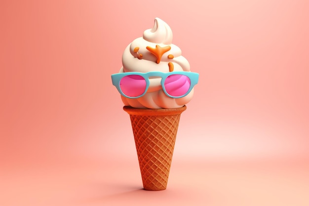 Un cono gelato rosa con sopra degli occhiali da sole a forma di cuore.