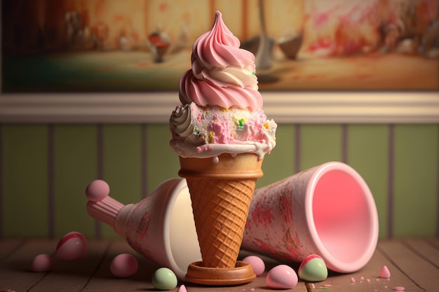 Un cono gelato rosa con sopra la scritta gelato