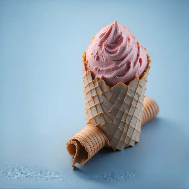 Un cono gelato rosa con una glassa rosa sopra.