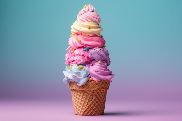 Un cono gelato rosa con una guarnizione color arcobaleno.